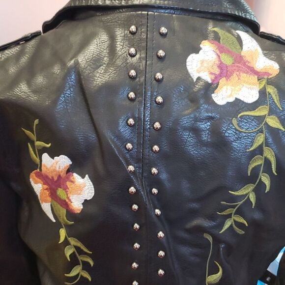 Leather Floral/accented Faux leather Moto Jacket sz L 8-10 XXL 14-16 - Picture 5 of 16